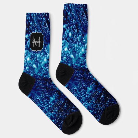 Blauer Glitzern Abstrakt gefrorene Blasen Monogram Socken (Rechts)