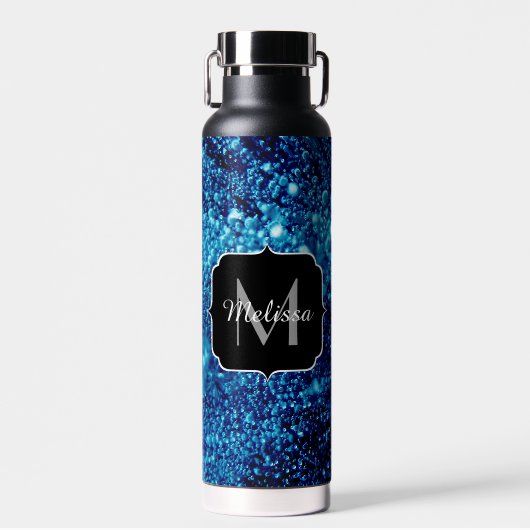 Blauer Glitzern Abstrakt gefrorene Blasen Monogram Trinkflasche (Vorne)