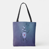Blauer glücklicher Cartoon, der Retro Roboter Tasche (Rückseite)