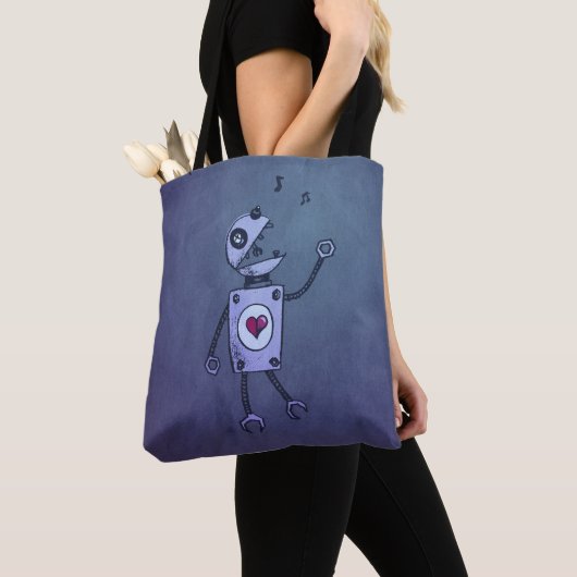 Blauer glücklicher Cartoon, der Retro Roboter Tasche (Von Nahem)