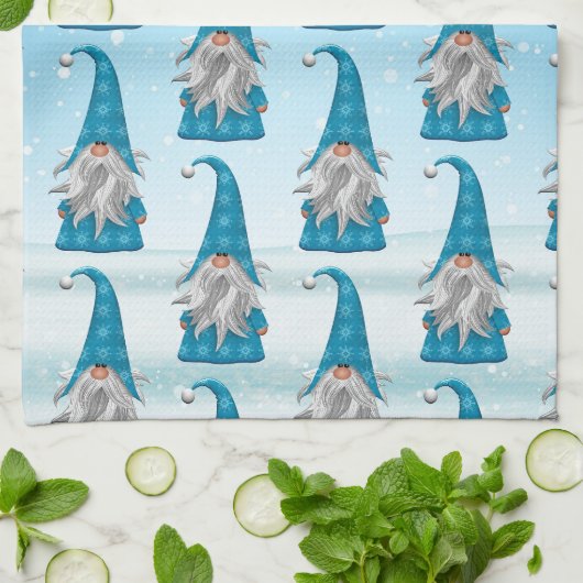 Blauer Gnome im Schnee Geschirrtuch (Gefaltet)