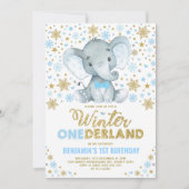 Blauer Gold Elefant Winter ONEderland Schneeflocke Einladung (Vorderseite)