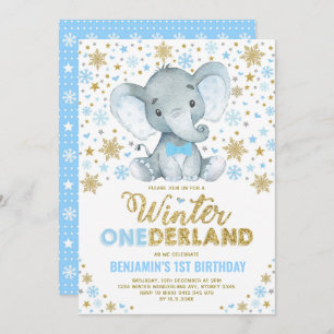 Blauer Gold Elefant Winter ONEderland Schneeflocke Einladung