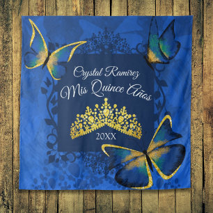 Blauer Gold Schmetterling, Tiara Quinceanera Hinte Wandteppich