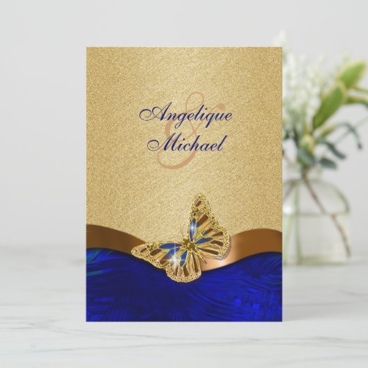 Blauer Goldbarsch-Schmetterlingshochzeit Einladung (Stehend Vorderseite)