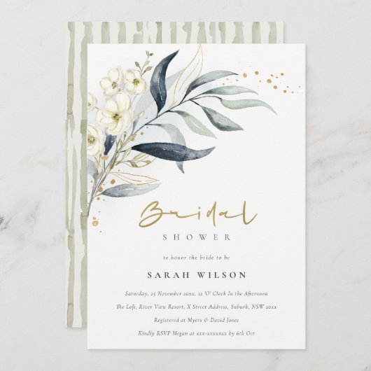 Blauer Goldblättriger Botanischer Blumenstrauß Bra Einladung (Vorne/Hinten)