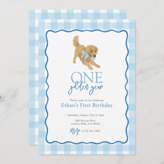 Blauer Golden Retriever Goldenes Jahr Erster Gebur Einladung (Vorne/Hinten)