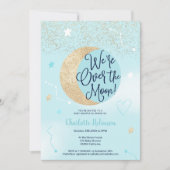 Blauer goldener Glitzer über der Mond-Babydusche Einladung (Vorderseite)