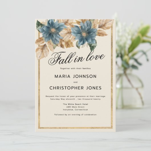 Blauer Goldfall Frühjahr Blütenfall in Liebe Hochz Einladung (Stehend Vorderseite)