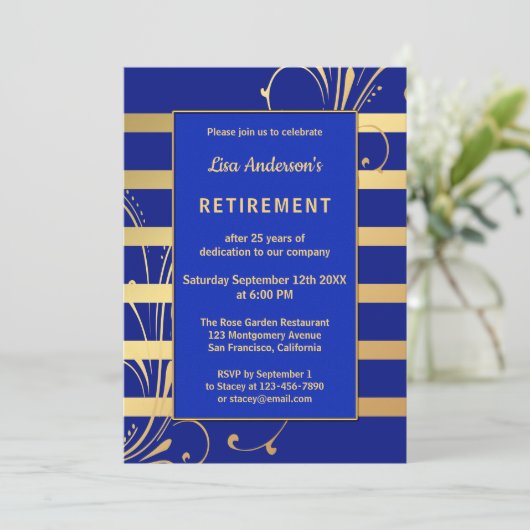 Blauer goldfarbener Streifen Einladung zur Pension (Stehend Vorderseite)