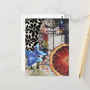 Blauer Goldfisch Mixed Media Collage Postkarte