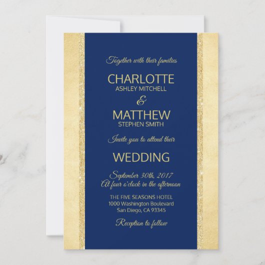 Blauer Goldfoil Glitzer Hochzeit Einladung (Vorderseite)