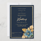 Blauer goldgrüner, eleganter Blumenrahmen Hochzeit Einladung (Vorderseite)