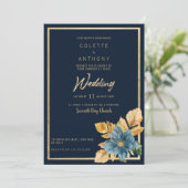 Blauer goldgrüner, eleganter Blumenrahmen Hochzeit Einladung (Stehend Vorderseite)