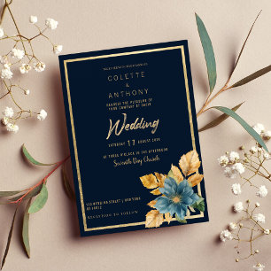 Blauer goldgrüner, eleganter Blumenrahmen Hochzeit Einladung
