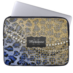 Blauer Goldleopard-Tierdruck-Glitzer-Blick-Juwel Laptopschutzhülle