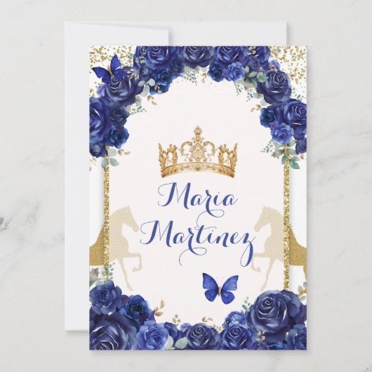 Blauer Goldrauf Prinzessin Quinceañera Einladung (Rückseite)