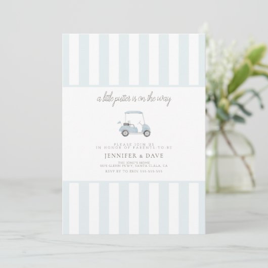 Blauer Golfwagen kleiner Putter auf dem Weg Einladung (Stehend Vorderseite)