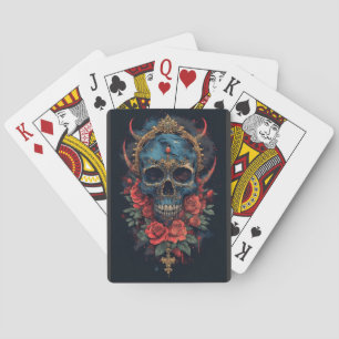 Blauer Gothischer Schädel mit Rose und Goldkrone Spielkarten