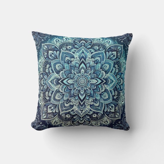 Blauer Gradient-Mandala-Entwurf Kissen (Vorderseite)