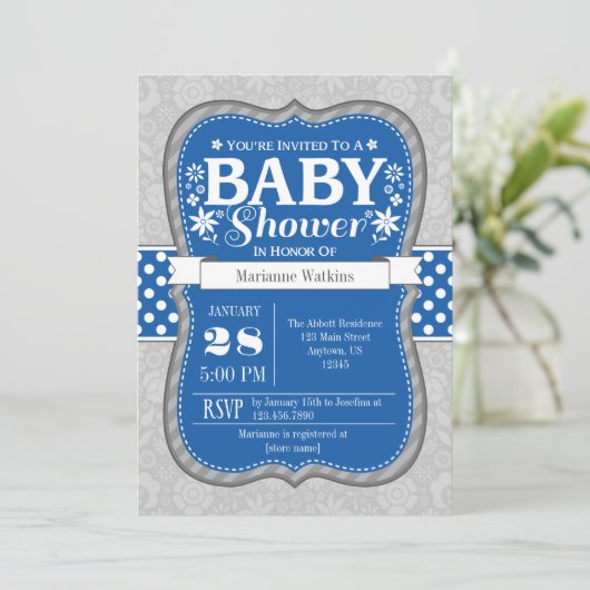 Blauer graue Blume Kinderdusche Einladung (Stehend Vorderseite)
