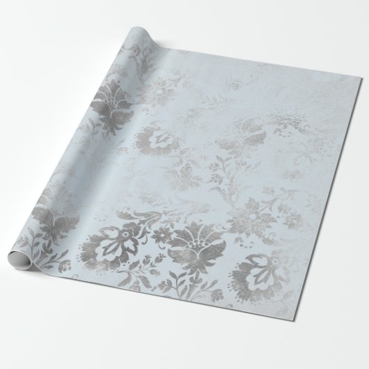 Blauer graue Rose Hütte grungy Damask Geschenkpapier (Ungerollt)