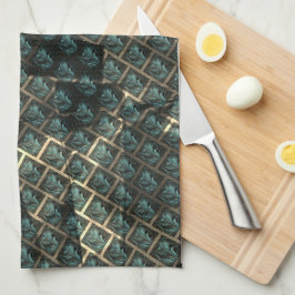 Blauer grauer Backstein-Effekt unter dunkler Stell Geschirrtuch