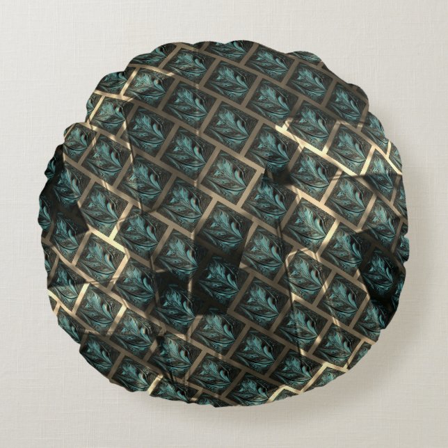 Blauer grauer Backstein-Effekt unter dunkler Stell Rundes Kissen (Vorderseite)