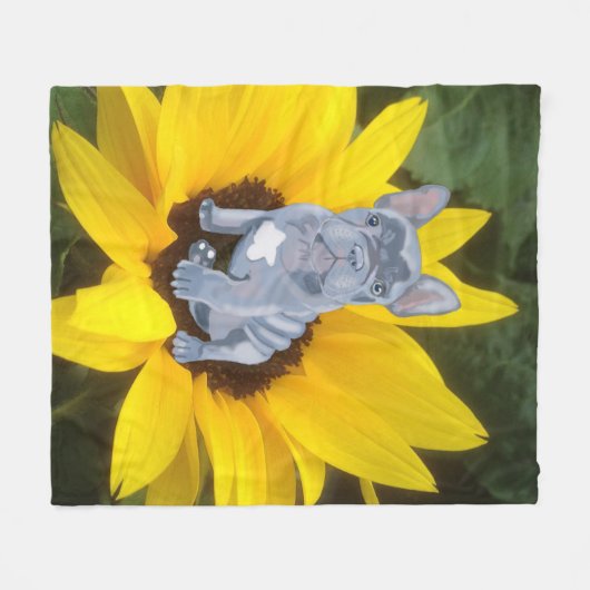 Blauer Grauer Bulldog Welpe und Sonnenblume Fleecedecke (Vorderseite (Horizontal))