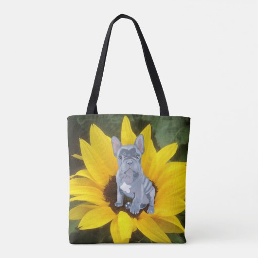 Blauer Grauer Bulldog Welpe und Sonnenblume Tasche (Rückseite)