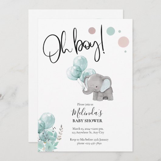 Blauer grauer Elephant Boy Baby Dusche Einladung (Vorne/Hinten)