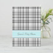 Blauer grauer Karierter Babydusche Einladungen (Stehend Vorderseite)