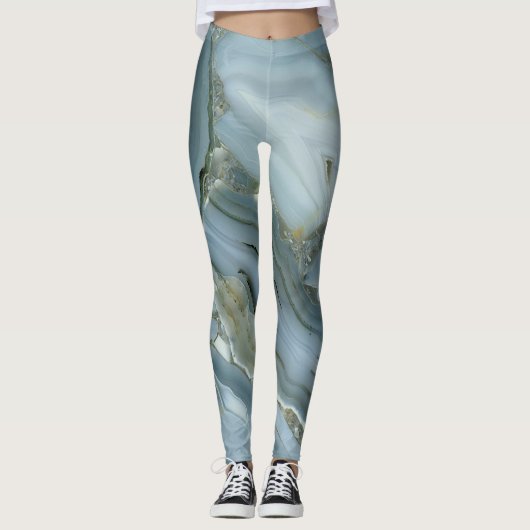 Blauer grauer Marmor mit Goldvene-Drawstring-Beute Leggings (Vorderseite)