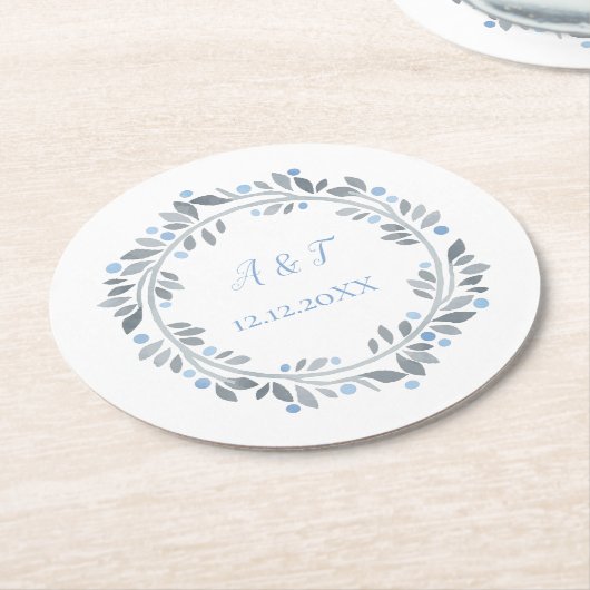 Blauer grauer Monogram Runder Pappuntersetzer (Angewinkelt)