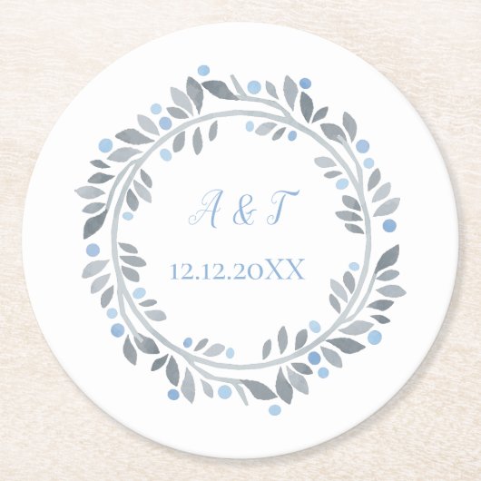 Blauer grauer Monogram Runder Pappuntersetzer (Vorderseite)