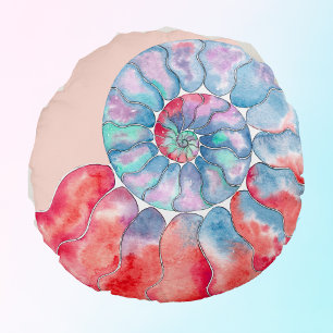 Blauer Grauer Nautilus auf einem leichten Pfirsich Rundes Kissen