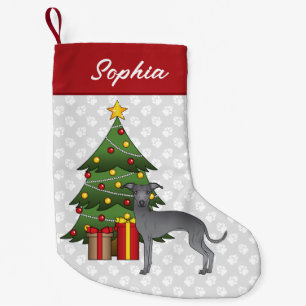 Blauer Grauhund Hund mit einem Weihnachtsbaum Kleiner Weihnachtsstrumpf