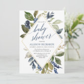 Blauer grüner Blattjunge Babydusche geometrisch Einladung (Stehend Vorderseite)