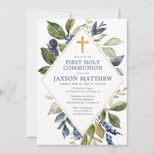 Blauer grüner Blattjunge erste heilige Gemeinschaf Einladung (Vorderseite)