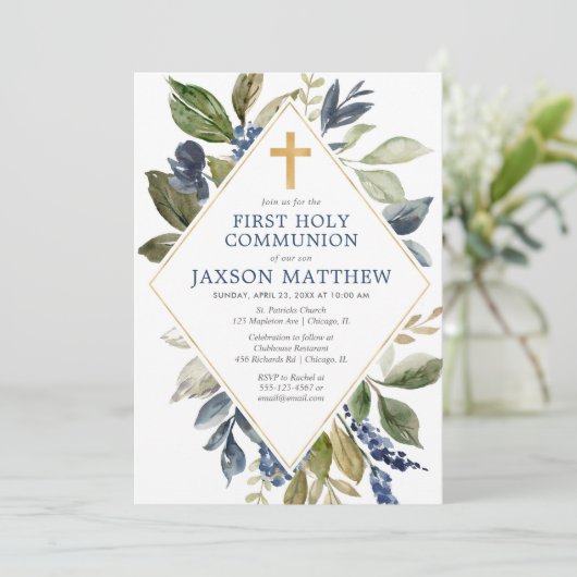 Blauer grüner Blattjunge erste heilige Gemeinschaf Einladung (Stehend Vorderseite)