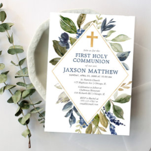 Blauer grüner Blattjunge erste heilige Gemeinschaf Einladung