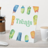 Blauer grüner Orangen Popsiv Party Leckereien Tafe Sockelschild (In SItu)