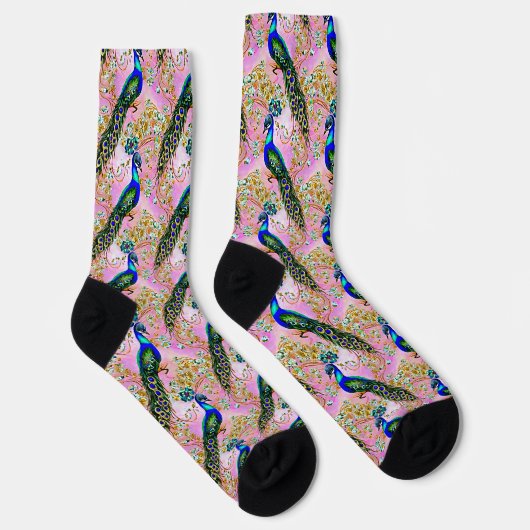 Blauer grüner Pfau, Gold auf Rosa Socken (Rechts)