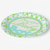 Blauer grüner und weißer Baby Boy Duschbereich Pappteller (Schrägansicht)