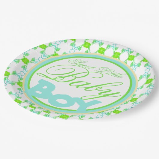 Blauer grüner und weißer Baby Boy Duschbereich Pappteller (Schrägansicht)