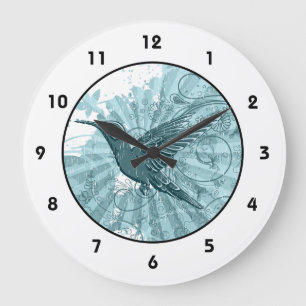 Blauer Grunge Kolibri Große Wanduhr