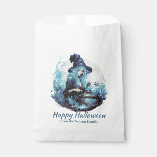Blauer Haarbitter Hexe und Cauldron Happy Hallowee Geschenktütchen (Vorderseite)