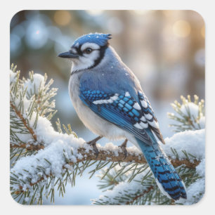 Blauer Häher auf einer schneebedeckten Kiefer sitz Quadratischer Aufkleber