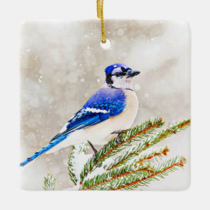 Blauer Häher in einer Kiefer mit Schnee Keramikornament