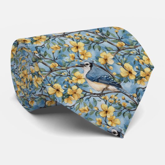 Blauer Häher in gelben Blüten Krawatte (Gerollt)
